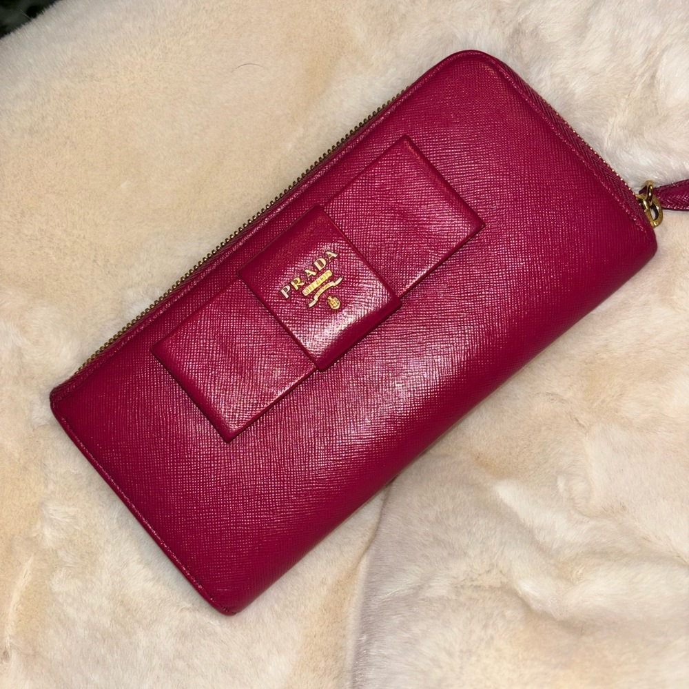Prada Pink Saffiano Leather Wallet with Bow